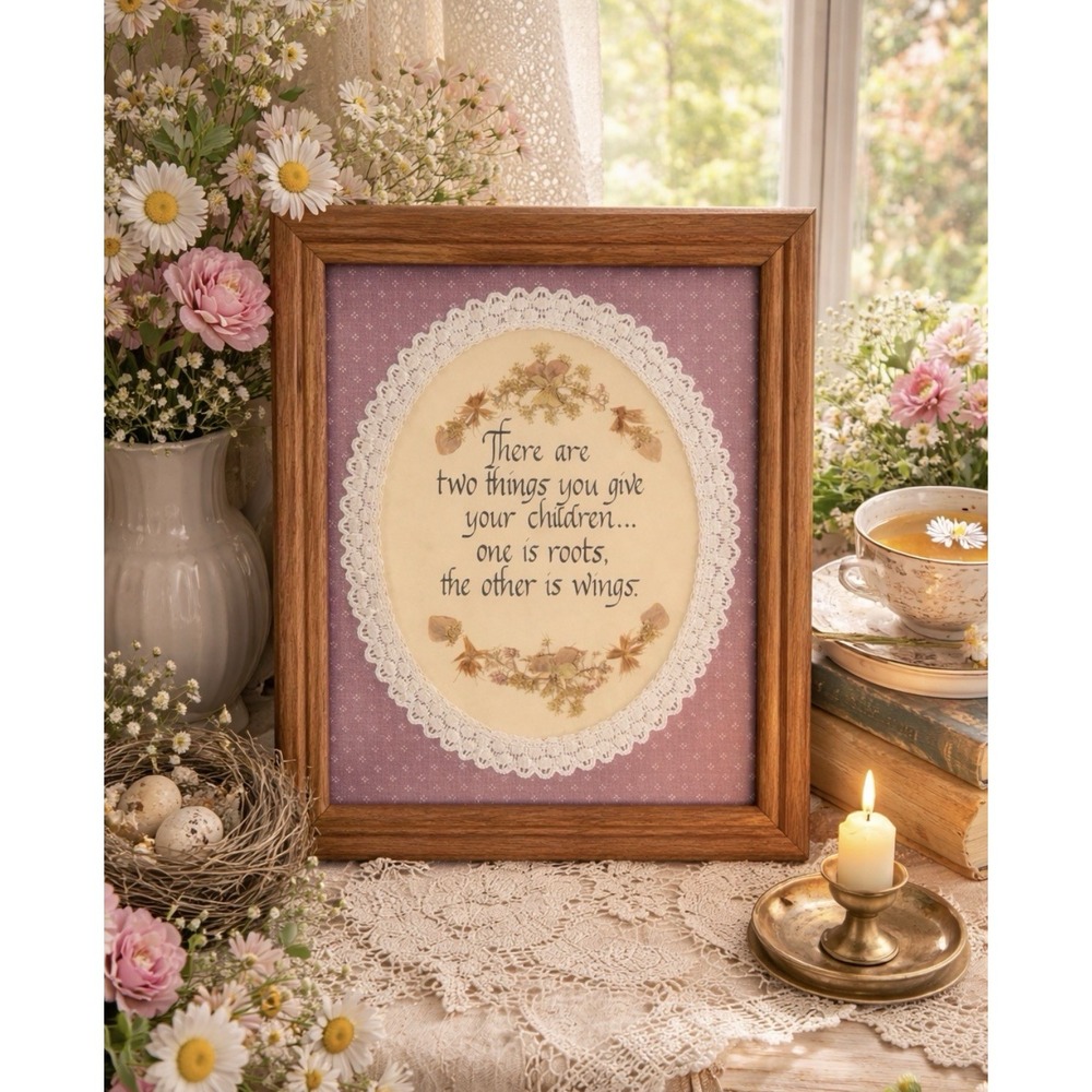Vtg Grandmacore Framed Art "Give Children Roots And Wings Flowers Pink Country